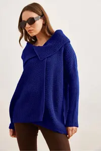 Olalook Women's Saks Blue Wrap Collar Buttoned Knitwear Cardigan