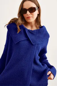 Olalook Women's Saks Blue Wrap Collar Buttoned Knitwear Cardigan - Image 2