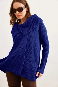 Olalook Women's Saks Blue Wrap Collar Buttoned Knitwear Cardigan - Image 3