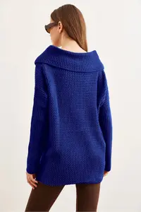 Olalook Women's Saks Blue Wrap Collar Buttoned Knitwear Cardigan - Image 4