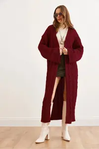 Olalook Women's Burgundy Hair Knitted Cuff Folded Maxi Knitwear Cardigan - Image 2