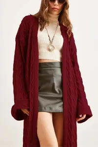 Olalook Women's Burgundy Hair Knitted Cuff Folded Maxi Knitwear Cardigan - Image 3