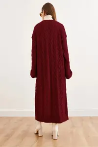 Olalook Women's Burgundy Hair Knitted Cuff Folded Maxi Knitwear Cardigan - Image 4