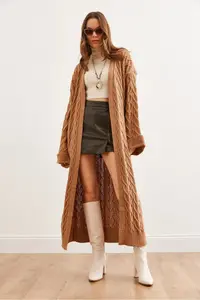 Olalook Women's Camel Hair Knitted Cuff Folded Maxi Knitwear Cardigan - Image 6