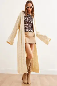 Olalook Women's Ecru Hair Knitted Cuff Folded Maxi Knitwear Cardigan