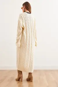 Olalook Women's Ecru Hair Knitted Cuff Folded Maxi Knitwear Cardigan - Image 7