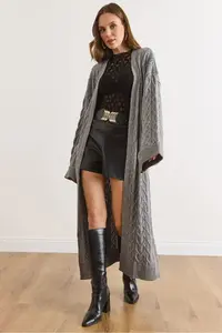 Olalook Women's Gray Hair Knitted Cuff Folded Maxi Knitwear Cardigan