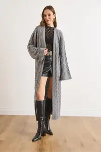 Olalook Women's Gray Hair Knitted Cuff Folded Maxi Knitwear Cardigan - Image 2