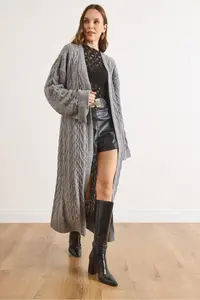 Olalook Women's Gray Hair Knitted Cuff Folded Maxi Knitwear Cardigan - Image 3