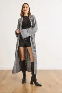 Olalook Women's Gray Hair Knitted Cuff Folded Maxi Knitwear Cardigan - Image 4