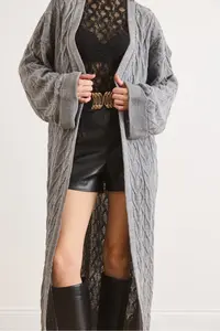 Olalook Women's Gray Hair Knitted Cuff Folded Maxi Knitwear Cardigan - Image 5