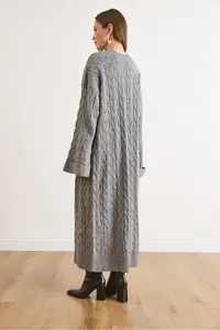 Olalook Women's Gray Hair Knitted Cuff Folded Maxi Knitwear Cardigan - Image 6