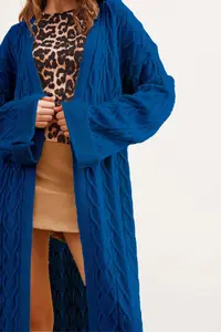 Olalook Women's Saks Blue Hair Knitted Cuff Folded Maxi Knitwear Cardigan - Image 2