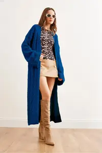 Olalook Women's Saks Blue Hair Knitted Cuff Folded Maxi Knitwear Cardigan - Image 3
