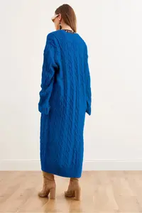 Olalook Women's Saks Blue Hair Knitted Cuff Folded Maxi Knitwear Cardigan - Image 4
