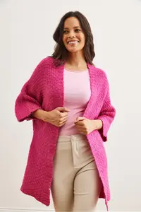 Olalook Women's Fuchsia Honeycomb Soft Textured Knitwear Cardigan - Image 3