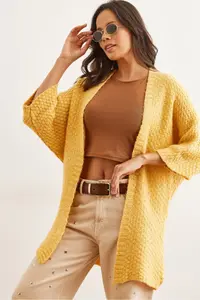 Olalook Women's Yellow Honeycomb Soft Textured Knitwear Cardigan