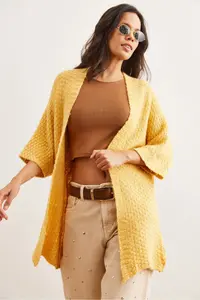 Olalook Women's Yellow Honeycomb Soft Textured Knitwear Cardigan - Image 2