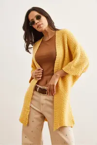 Olalook Women's Yellow Honeycomb Soft Textured Knitwear Cardigan - Image 3