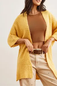Olalook Women's Yellow Honeycomb Soft Textured Knitwear Cardigan - Image 6