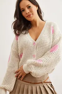 Olalook Women's Stone Heart Patterned Openwork Knitwear Cardigan