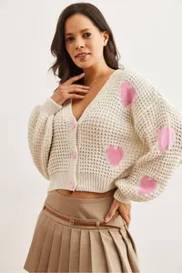 Olalook Women's Stone Heart Patterned Openwork Knitwear Cardigan - Image 2