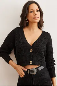 Olalook Women's Black 2 Button Openwork Knitwear Cardigan