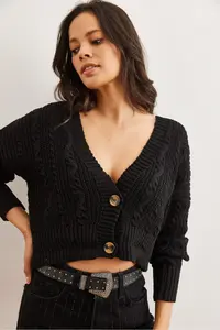 Olalook Women's Black 2 Button Openwork Knitwear Cardigan - Image 3