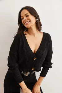 Olalook Women's Black 2 Button Openwork Knitwear Cardigan - Image 4