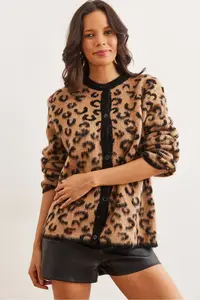 Olalook Women's Camel Buttoned Loose Leopard Cardigan