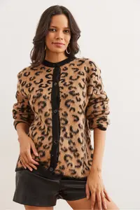 Olalook Women's Camel Buttoned Loose Leopard Cardigan - Image 2