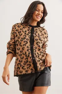 Olalook Women's Camel Buttoned Loose Leopard Cardigan - Image 3