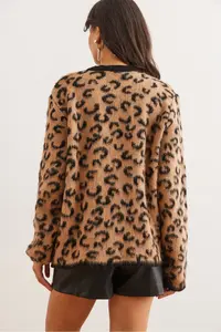 Olalook Women's Camel Buttoned Loose Leopard Cardigan - Image 5