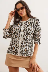 Olalook Women's White Metal Buttoned Shawl Leopard Knitwear Cardigan - Image 2