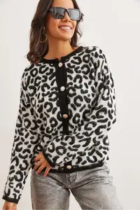 Olalook Women's Black Rose Gold Buttoned Leopard Cardigan
