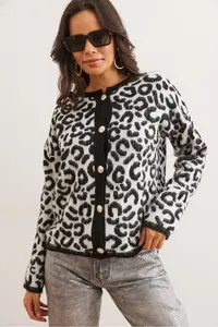 Olalook Women's Black Rose Gold Buttoned Leopard Cardigan - Image 2