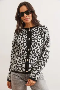 Olalook Women's Black Rose Gold Buttoned Leopard Cardigan - Image 3