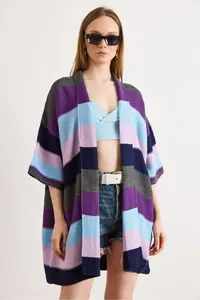 Olalook Women's Navy Blue Anthracite Colored Thick Striped Knitwear Cardigan - Image 2