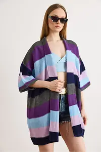 Olalook Women's Navy Blue Anthracite Colored Thick Striped Knitwear Cardigan - Image 3