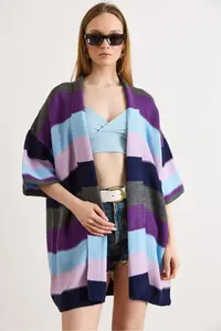 Olalook Women's Navy Blue Anthracite Colored Thick Striped Knitwear Cardigan - Image 4