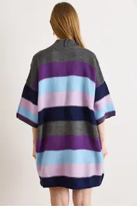 Olalook Women's Navy Blue Anthracite Colored Thick Striped Knitwear Cardigan - Image 6