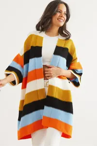 Olalook Women's Mustard Colored Thick Striped Knitwear Cardigan
