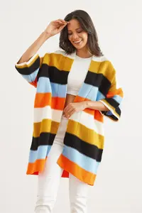 Olalook Women's Mustard Colored Thick Striped Knitwear Cardigan - Image 3
