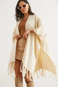 Olalook Women Ecru Tasseled Poncho Cardigan