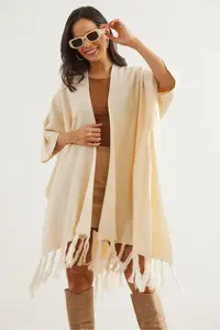 Olalook Women Ecru Tasseled Poncho Cardigan - Image 2