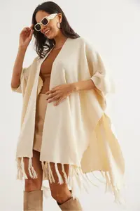 Olalook Women Ecru Tasseled Poncho Cardigan - Image 3