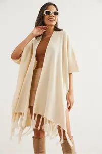 Olalook Women Ecru Tasseled Poncho Cardigan - Image 4