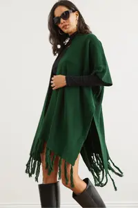 Olalook Women's Emerald Green Tasseled Poncho Cardigan