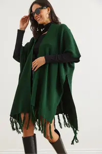 Olalook Women's Emerald Green Tasseled Poncho Cardigan - Image 2