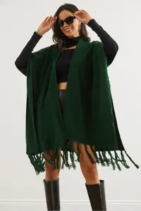 Olalook Women's Emerald Green Tasseled Poncho Cardigan - Image 3